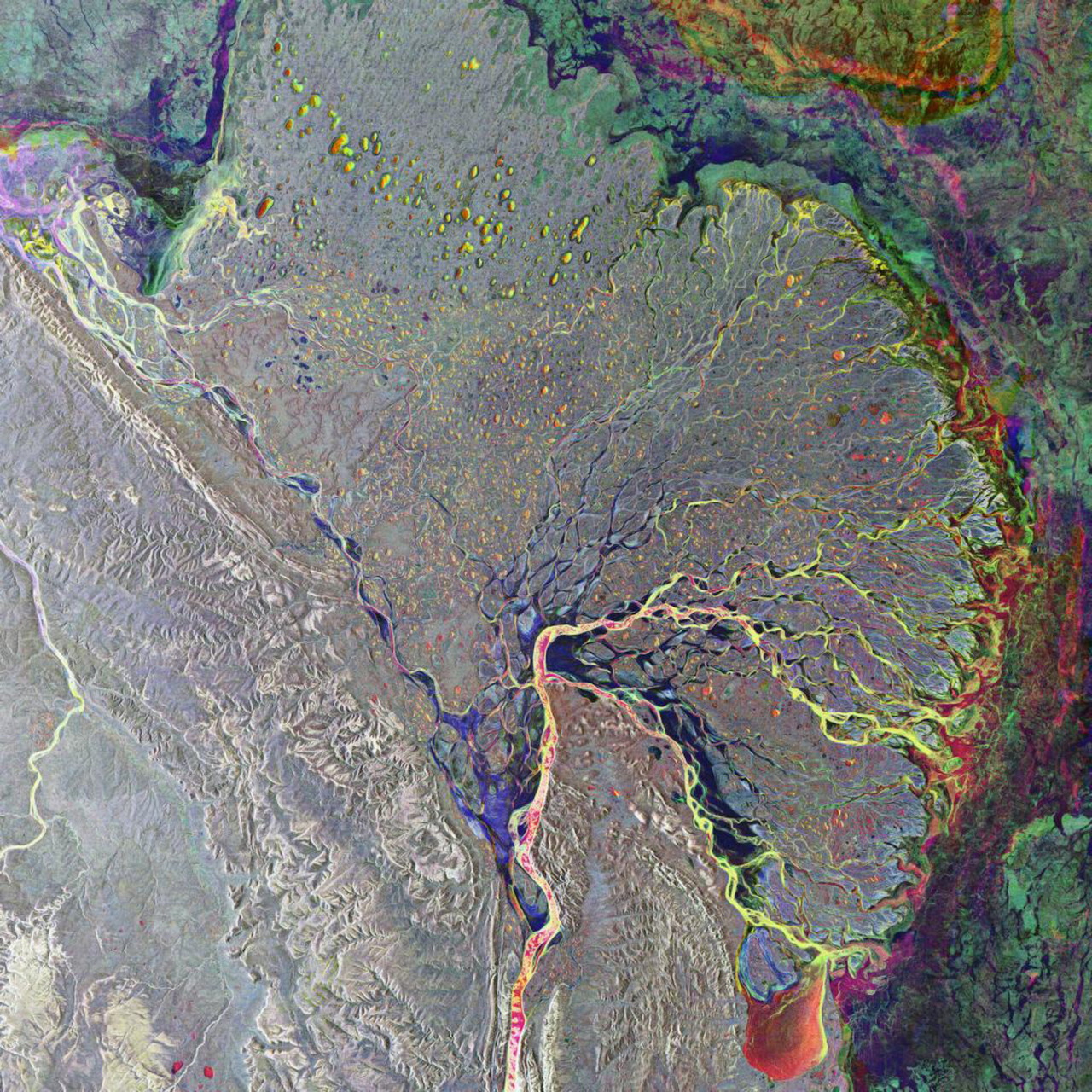 Aerial view of river delta and tundra landscape with branching waterways and colorful terrain patterns
