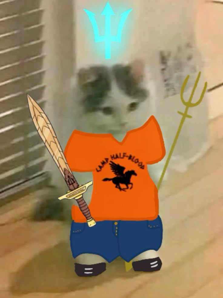 Cat face on cartoon character in Camp Half-Blood orange shirt holding sword and trident