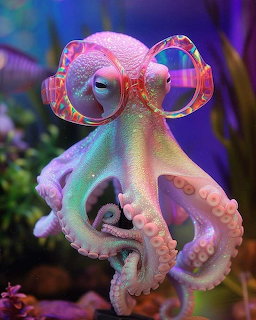 Purple octopus with pink headphones in colorful underwater scene