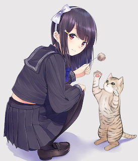 Anime girl in dark uniform crouching next to beige cat standing on hind legs
