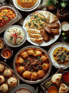 Overhead flat lay of various cooked dishes including rice bowls, meat plates, and potato puffs on dark wooden surface