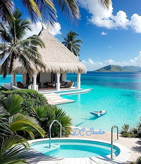 Tropical resort infinity pool with palm trees and ocean view