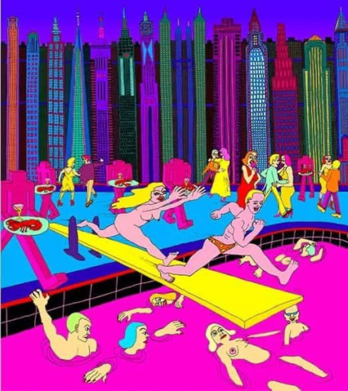 Colorful illustration of people lounging around a bright pink and blue pool with a neon cityscape background
