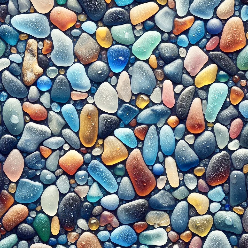 Close-up of colorful smooth sea glass pebbles covering the entire image