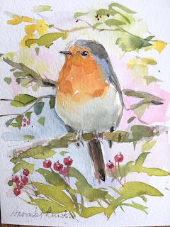 Watercolor painting of a robin with orange breast perched on branch with red berries and green leaves