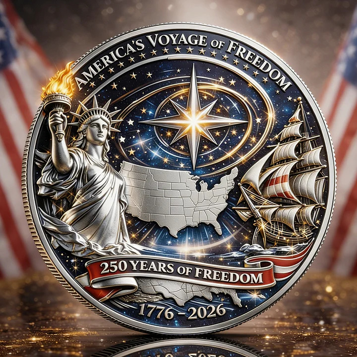 Commemorative coin with Statue of Liberty, sailing ship, compass rose, and US map celebrating 250 years of freedom