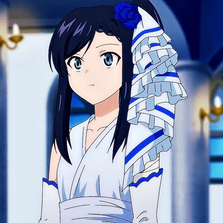 Anime girl with long dark hair wearing a white bridal-style dress and veil indoors