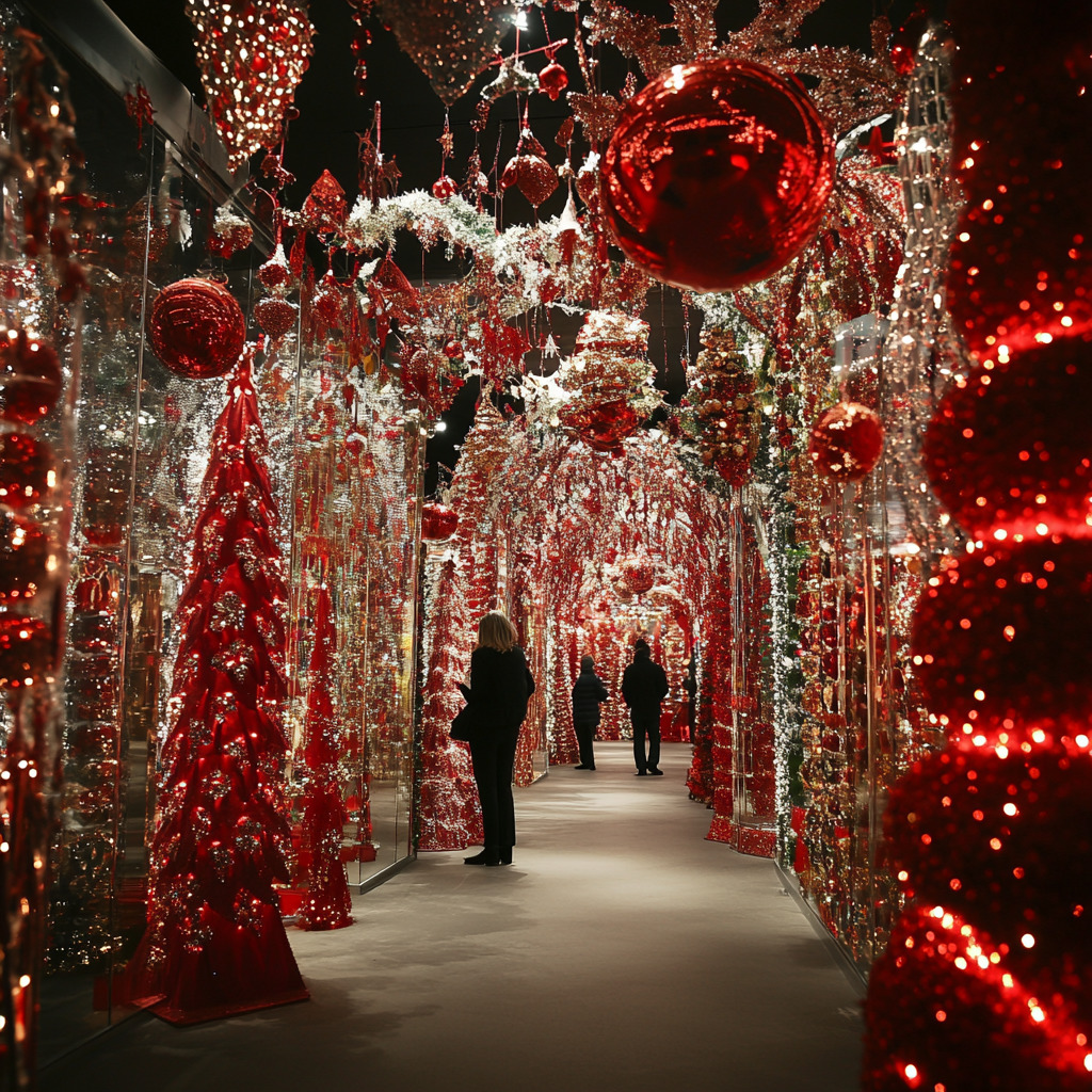 Walkway decorated with red and white Christmas lights and giant ornaments with people walking through