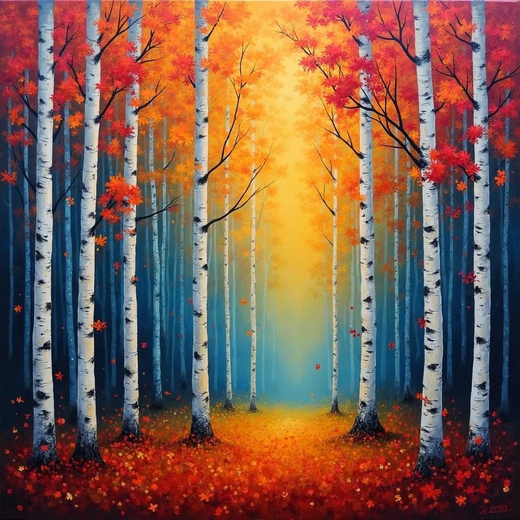 Painted autumn forest scene with white birch trees, orange and red leaves, and golden light filtering through