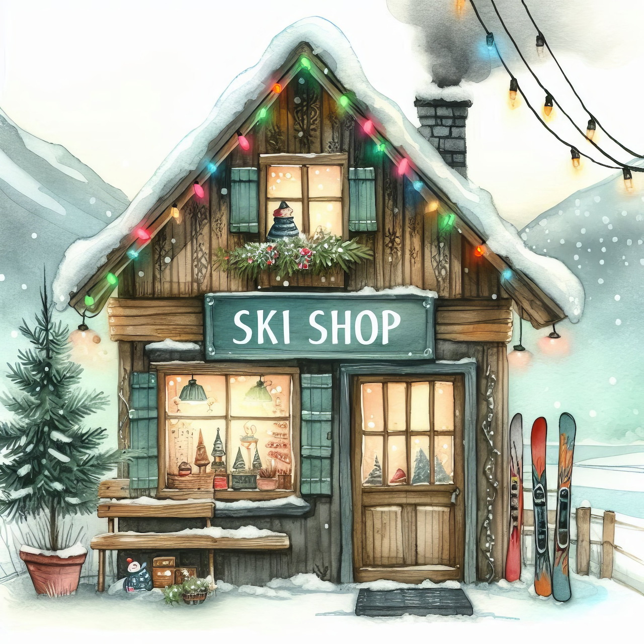 Snowy wooden ski shop with colorful lights, glowing windows, and skis outside