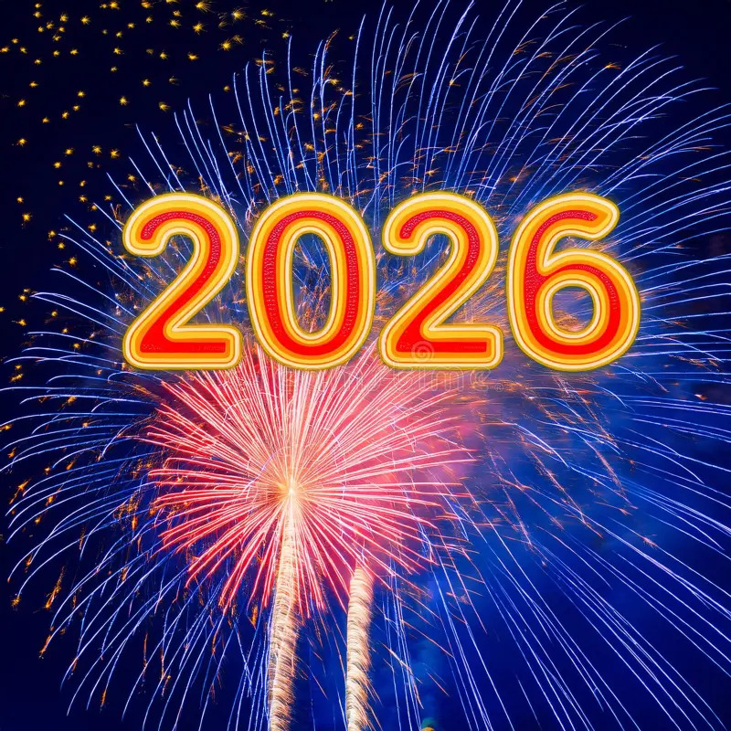 Colorful fireworks bursting behind glowing 2026 numbers with red and yellow gradient against a blue starry background