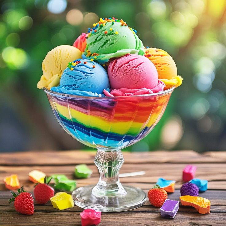 Multicolored ice cream scoops in rainbow striped glass dish with strawberries and candies on wooden surface