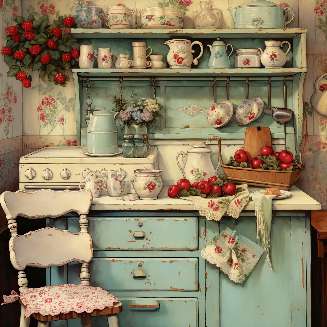 Vintage mint green kitchen cupboard with floral china, strawberries, and country cottage decor