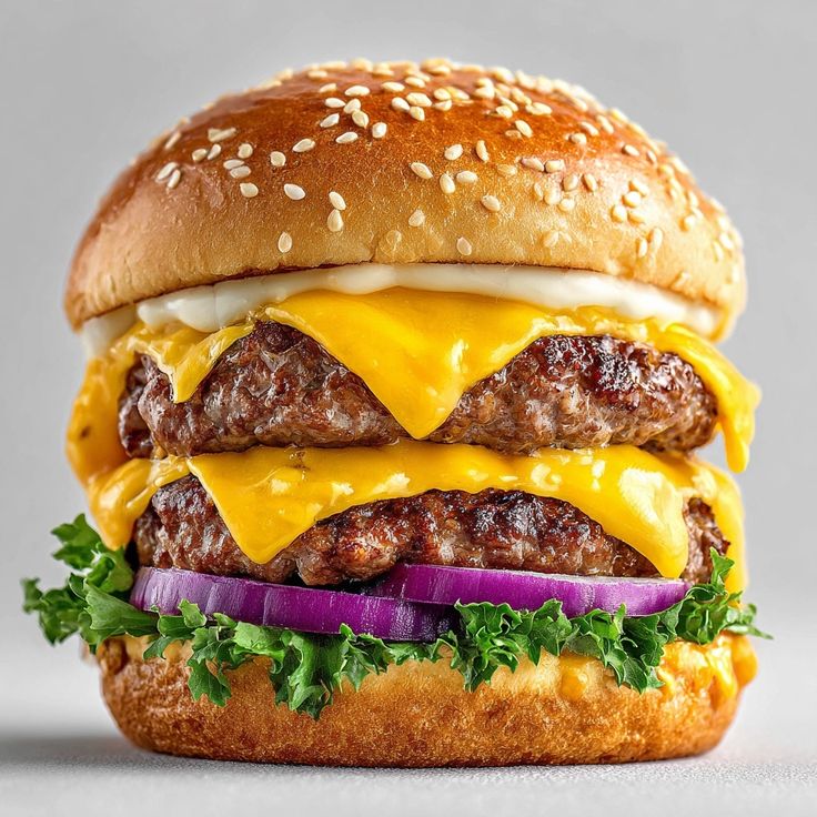Triple cheeseburger with melted cheese, lettuce, red onion and sesame seed bun