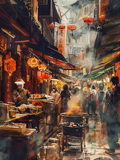 Busy Asian market street with red lanterns, food vendors, and people walking through misty alley