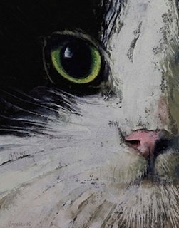 Close-up painting of a tuxedo cat with a bright green eye, pink nose, and white fur