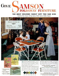 Vintage 1950s advertisement for Samson foldaway furniture showing a family and folding table set