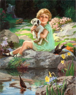 Vintage painting showing girl holding puppy beside creek with flowers and birds