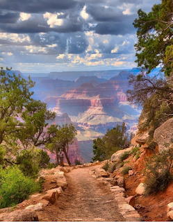 South Kaibab Trail at Grand Canyon with red rock layers, pine trees, and dramatic cloudy sky