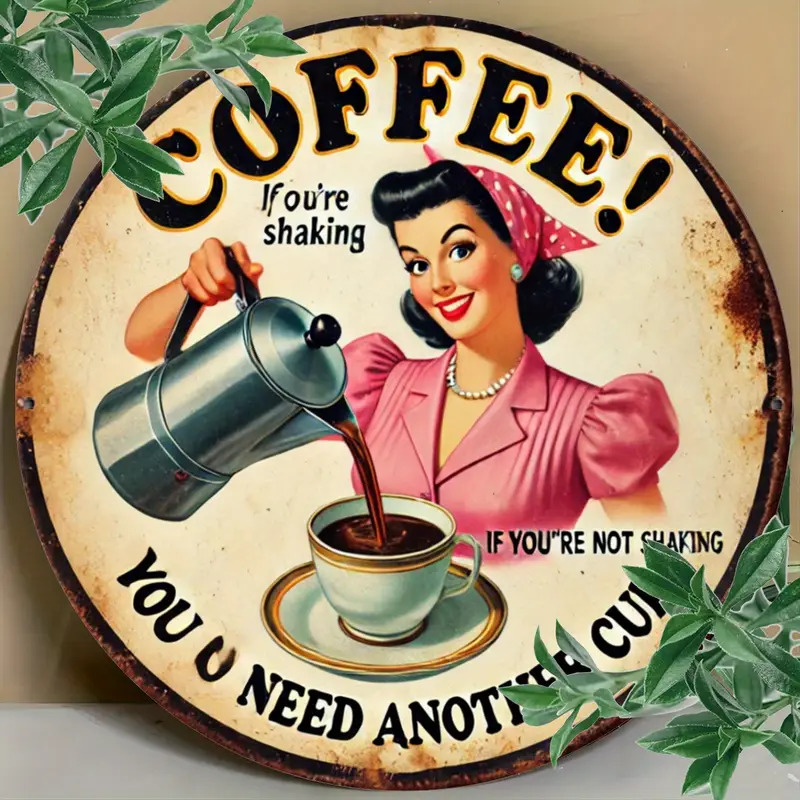Vintage round coffee sign with a smiling woman pouring coffee into a cup