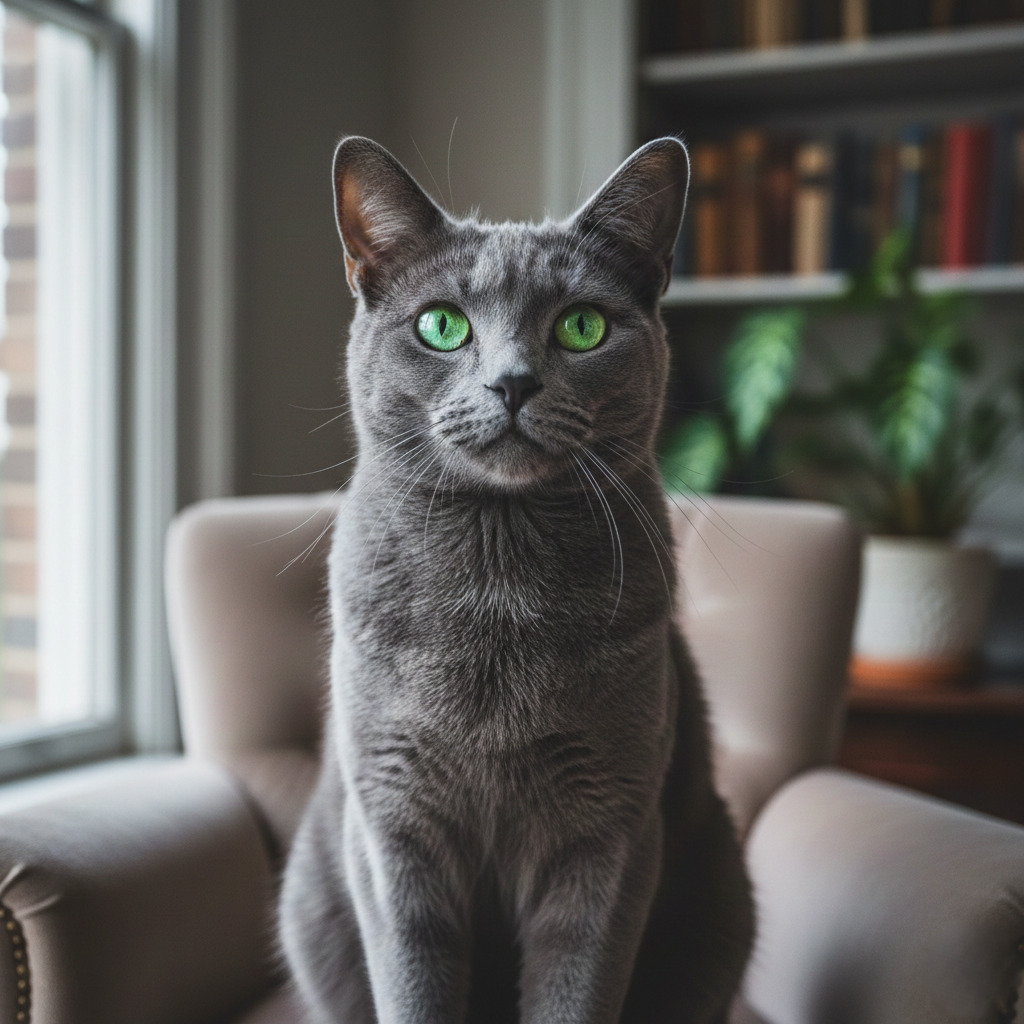 Gray cat with green eyes sitting on an armchair indoors