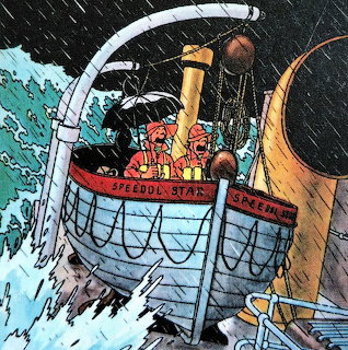 Viking longship with crew navigating through stormy ocean waves in comic book art style