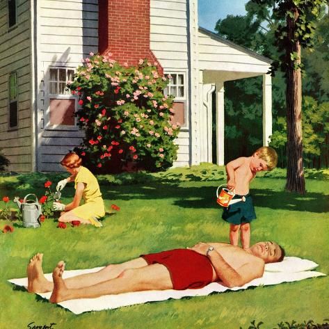 Illustration of father sunbathing while children water garden