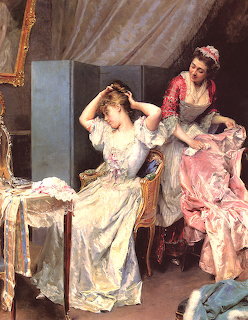 Classical painting showing two women in elaborate period gowns in an ornate dressing room interior
