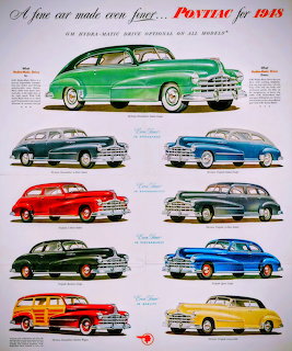 1948 Pontiac car advertisement displaying eight vehicle models in various colors on gray background