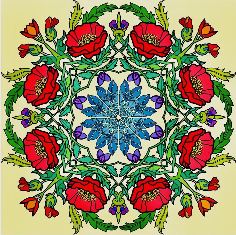 Symmetrical floral mandala with red poppies and blue flowers on yellow background