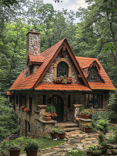 Stone cottage with orange roof and chimney surrounded by dense green forest trees and flower pots along pathway