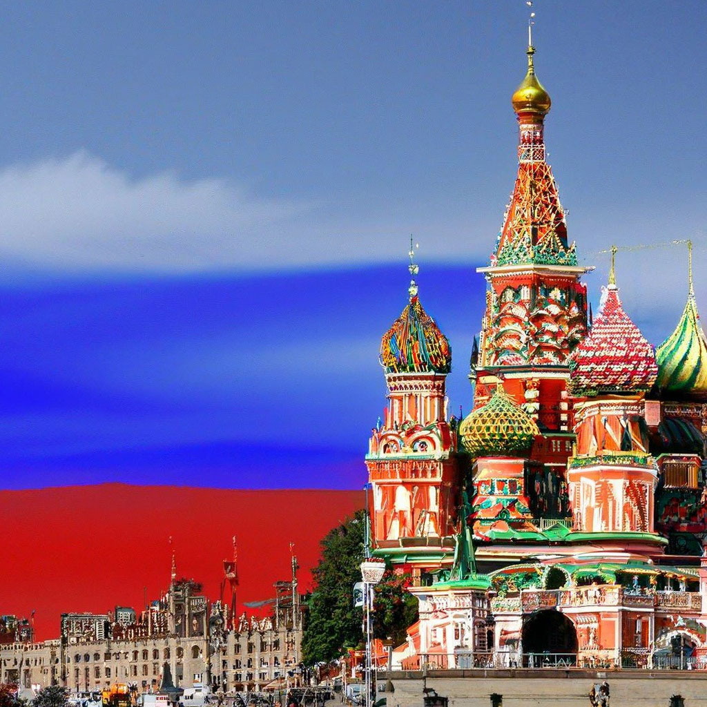Saint Basil's Cathedral in Red Square with a blue, white, and red sky background