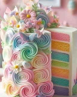 Pastel rainbow layer cake with rosette frosting, fondant flowers, and butterflies showing colorful layers inside