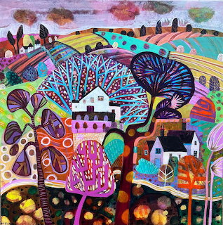 Colorful folk art landscape with stylized trees, houses, and patterned hills in pink, purple, turquoise, and yellow tones