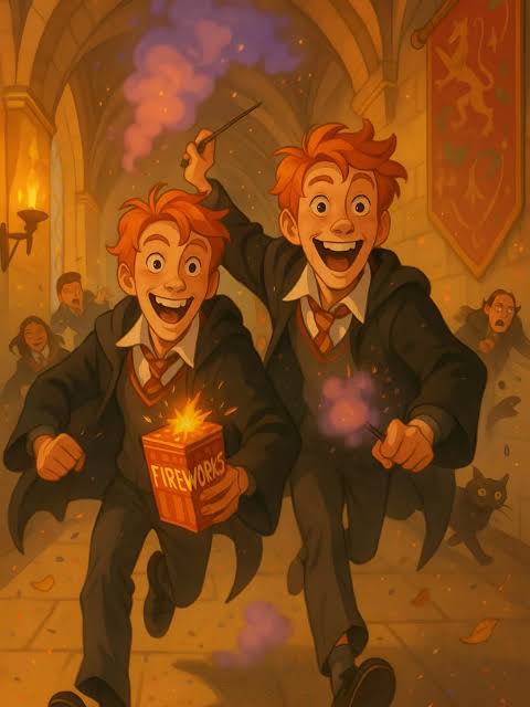 Two red-haired boys in school robes holding wands with purple sparks in a grand hall