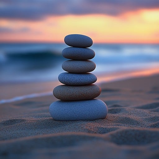 Stack of smooth stones on sandy beach at sunset with blurred ocean behind