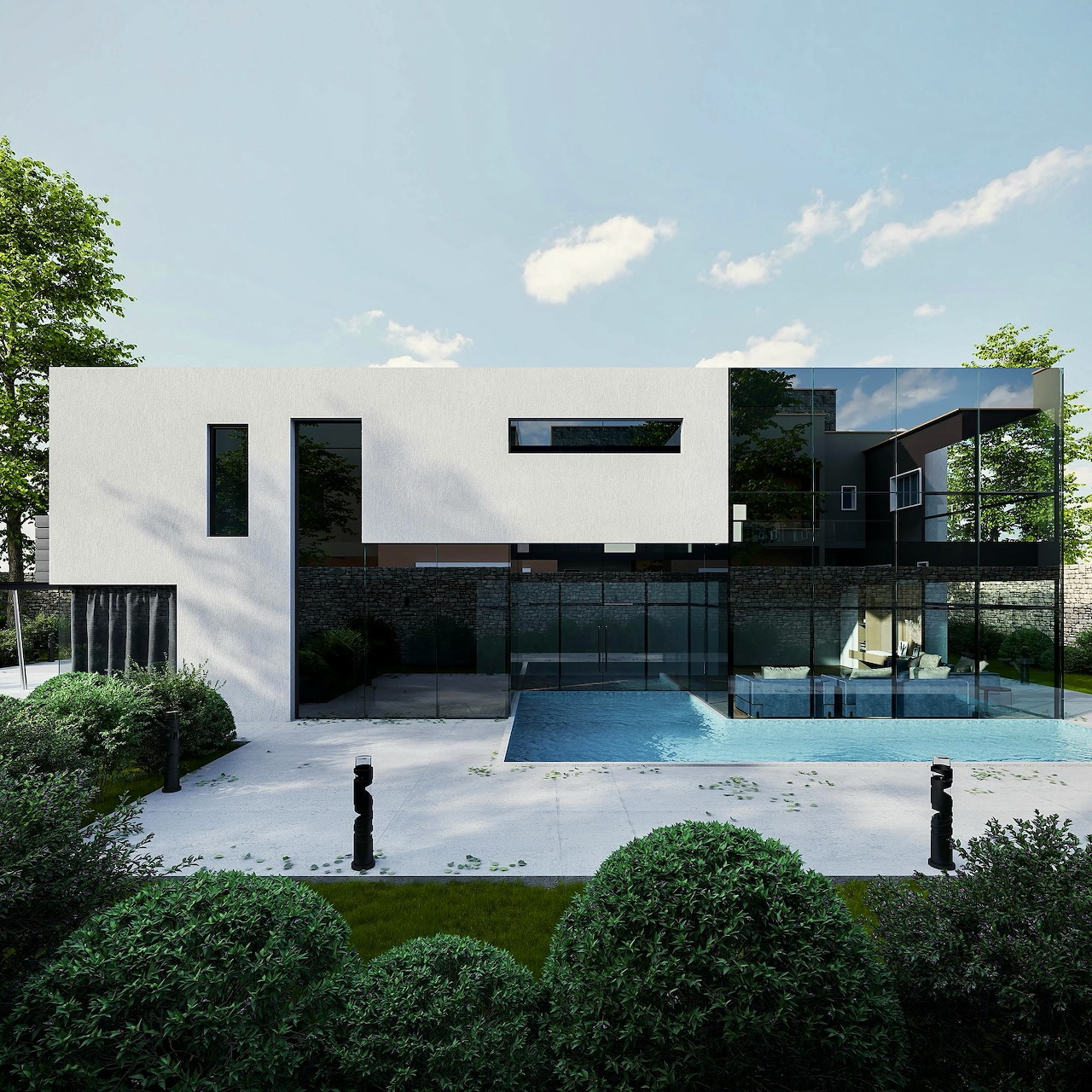 Contemporary two-story house with pool and manicured landscaping