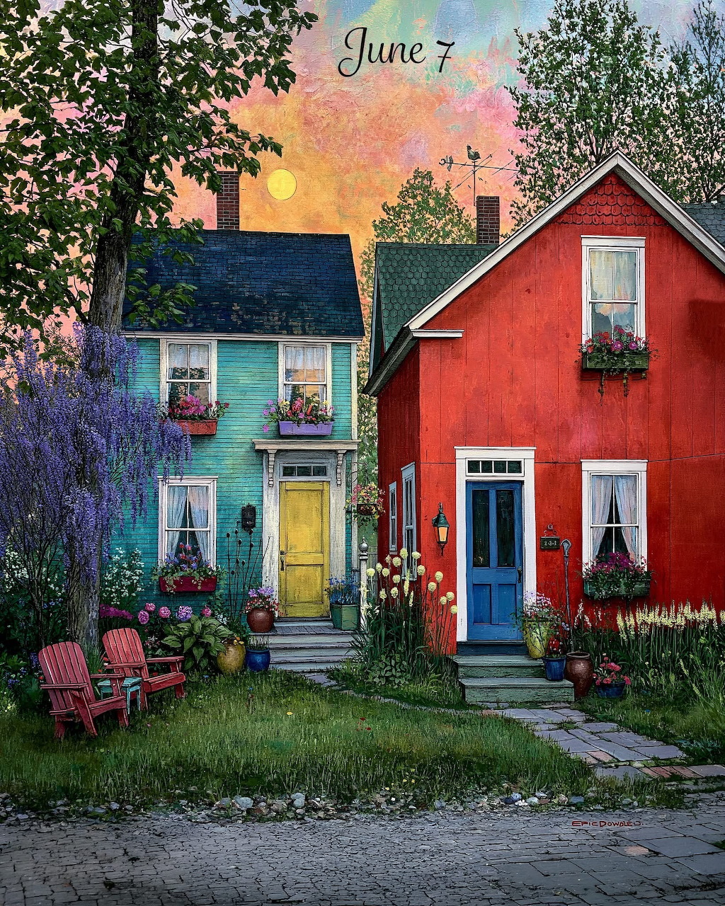 Naive art painting of colorful teal and red houses with flower boxes and gardens at sunset