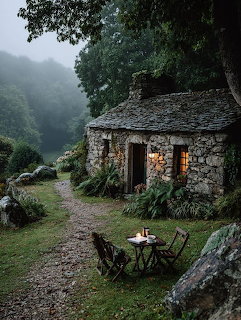 Stone cottage with lit window in misty forest, wooden table and chairs outside on grassy hillside