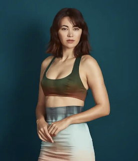 Woman with shoulder-length brown hair wearing a green crop top and light skirt against a dark teal background