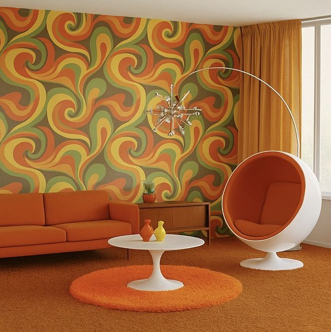Retro living room with orange sofa, swirling wallpaper, white table, and round pod chair