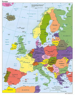 Colorful political map of Europe with labeled countries, capitals, and surrounding seas