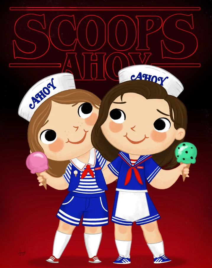 Two cartoon children in blue and white sailor outfits standing together, one holds ice cream