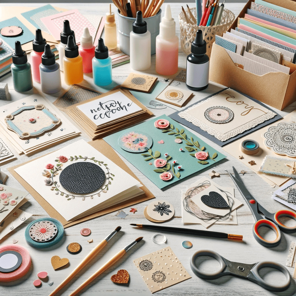 Handmade greeting cards and paper craft tools spread across a tabletop