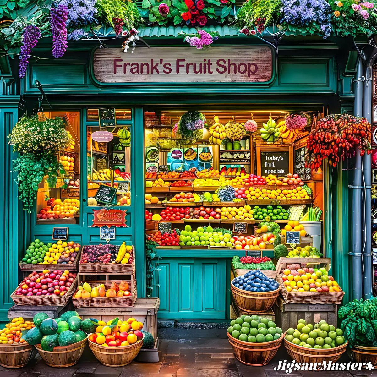 Colorful fruit shop storefront with baskets of fresh produce displayed outside and inside