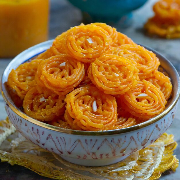 Bowl of bright orange spiral jalebi sweets with nuts on patterned blue and white plate
