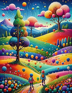 Colorful surreal landscape with rainbow hills, sphere trees, two children walking, and starry night sky