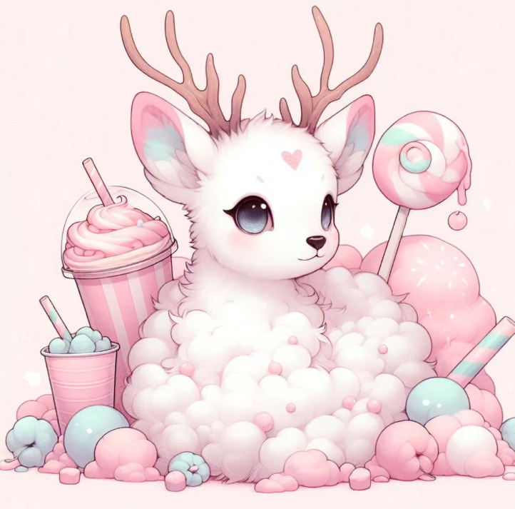 Cute illustrated baby deer with antlers surrounded by pink sweets, candy, and fluffy clouds in pastel colors