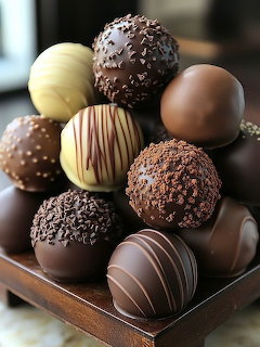 Assorted chocolate truffles with different coatings on a wooden tray