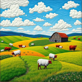 Painting of sheep and cattle on rolling farm hills near a barn under a cloud-filled blue sky